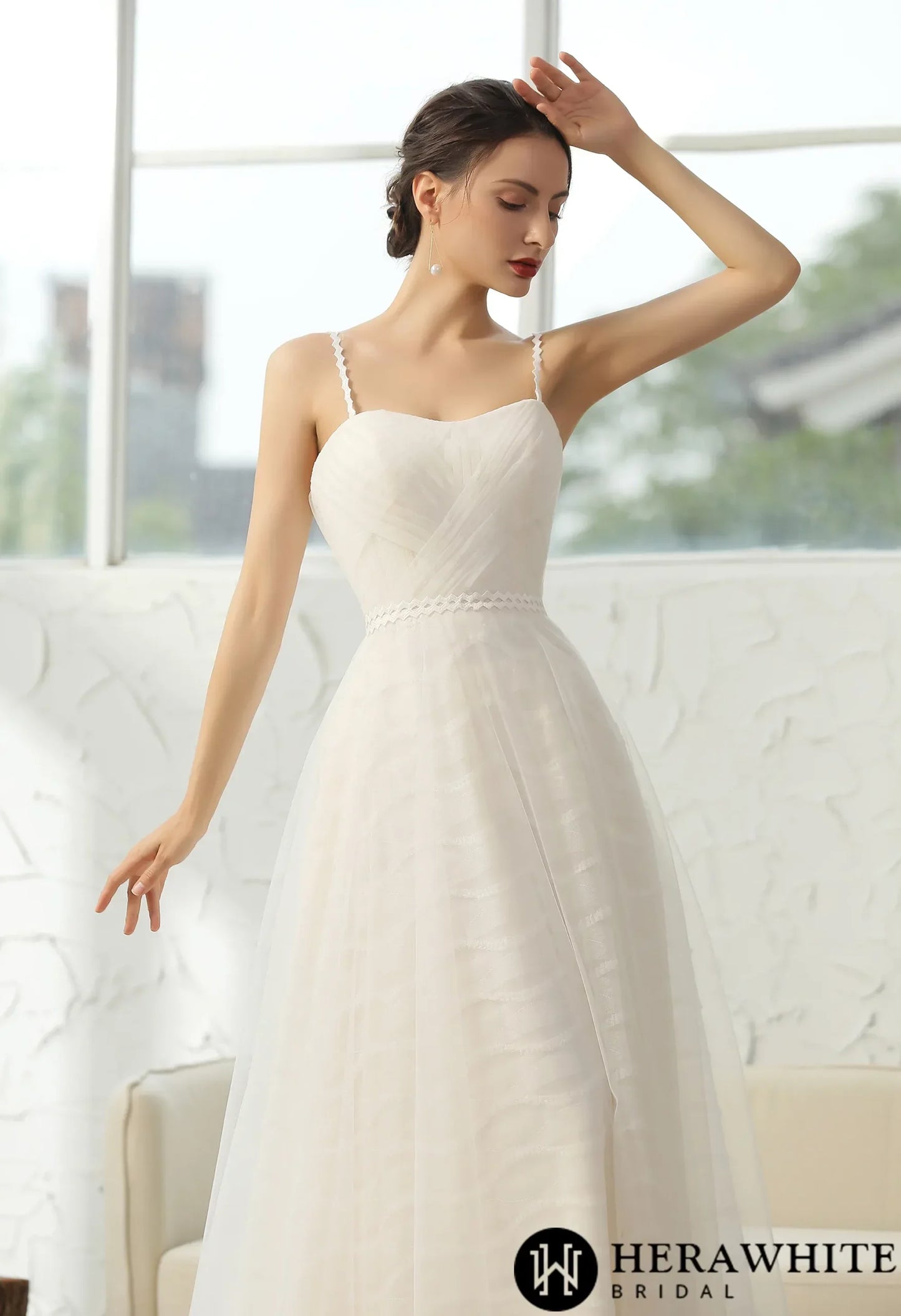 Simple Pleated A-line Wedding Dress With 3D Lace Underline