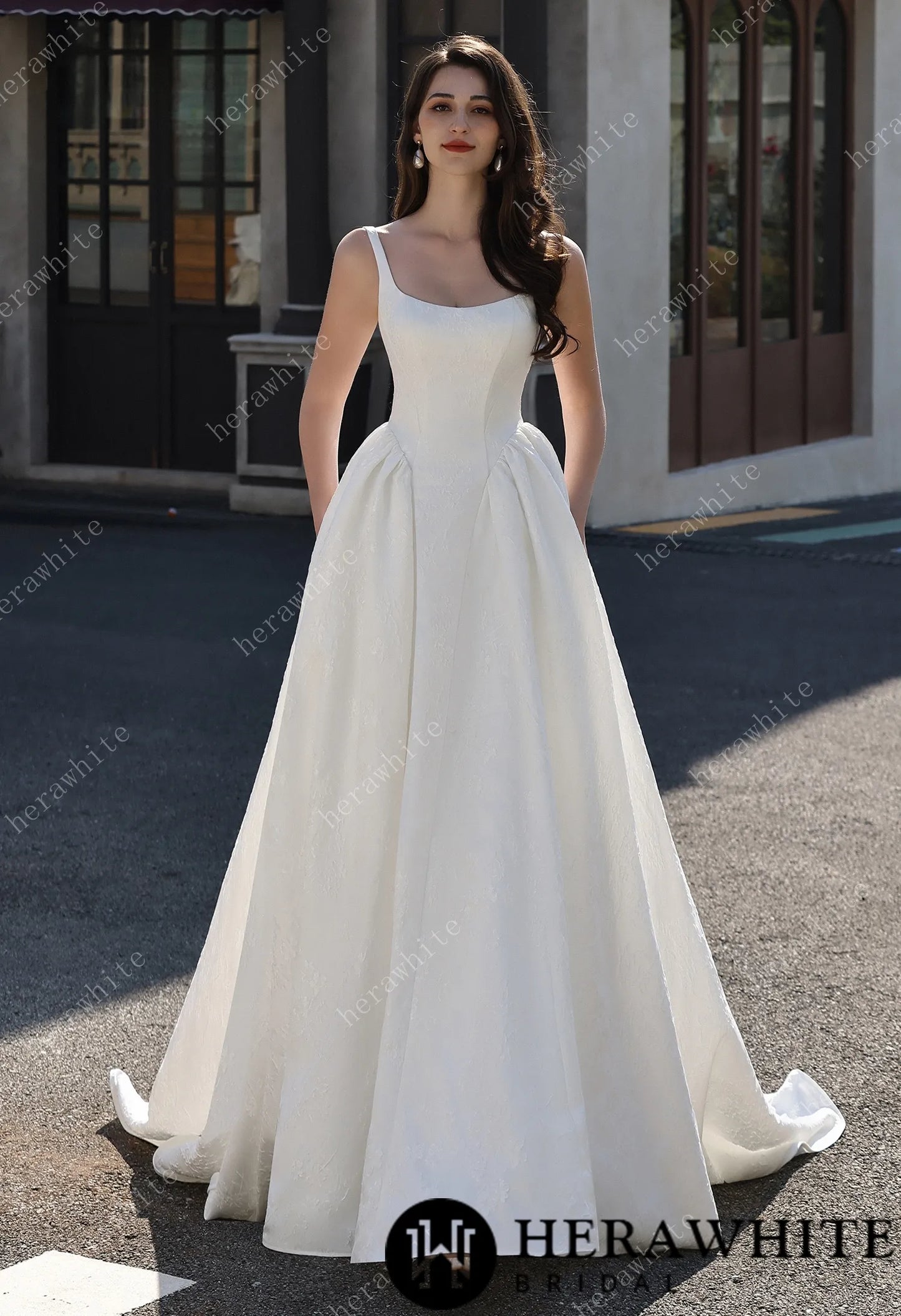 Dignified Square Neckline Subtle Textured Basque Jacquard Satin Ballgown HW3814