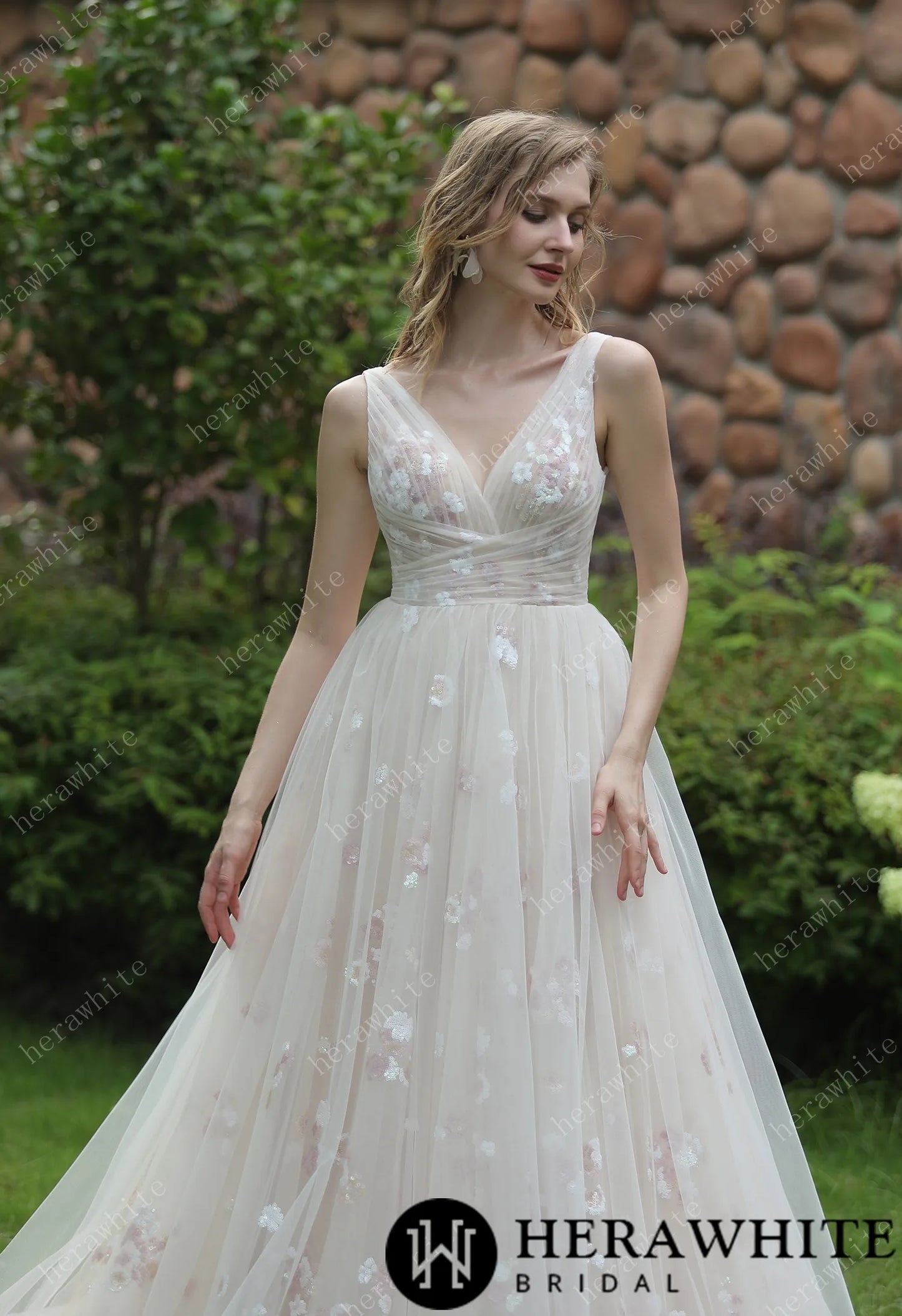Whimsical Sequined Lace Tulle Wedding Dress With Gathered Bodice