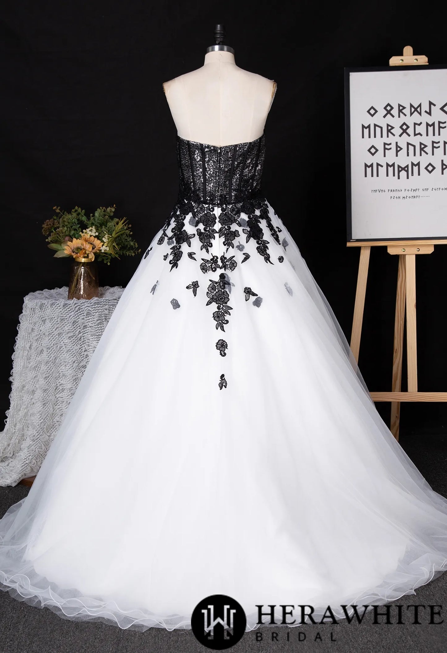 Sweetheart Sequin Ballgown With Black Floral Motifs