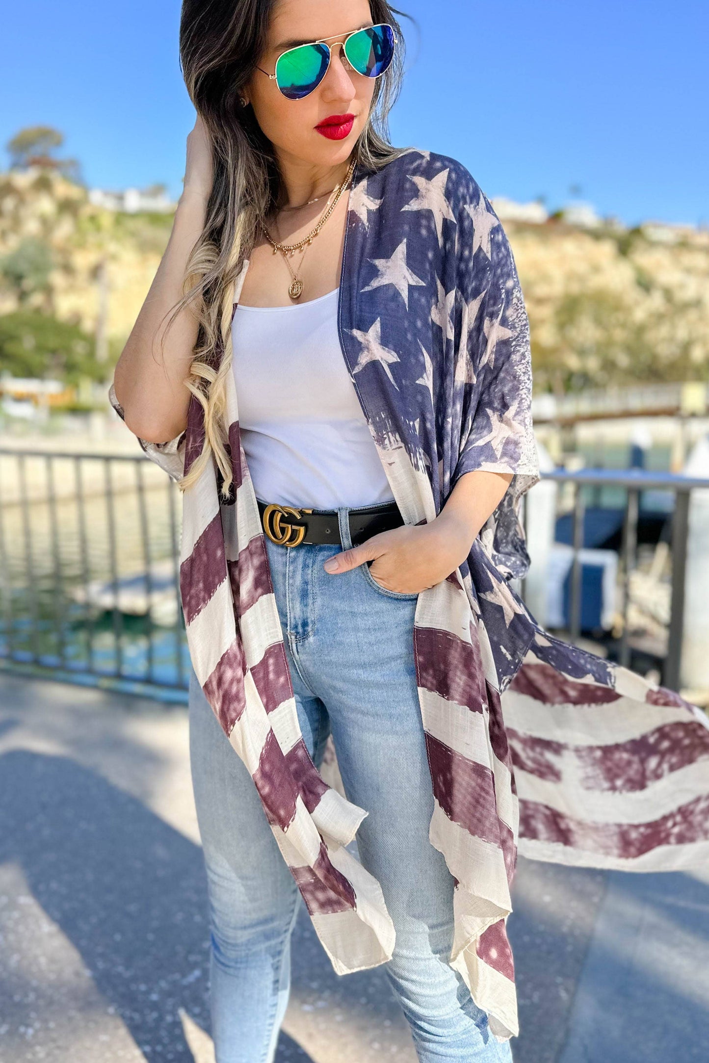 4th of July Vintage American Flag Printed Kimono Cover Up