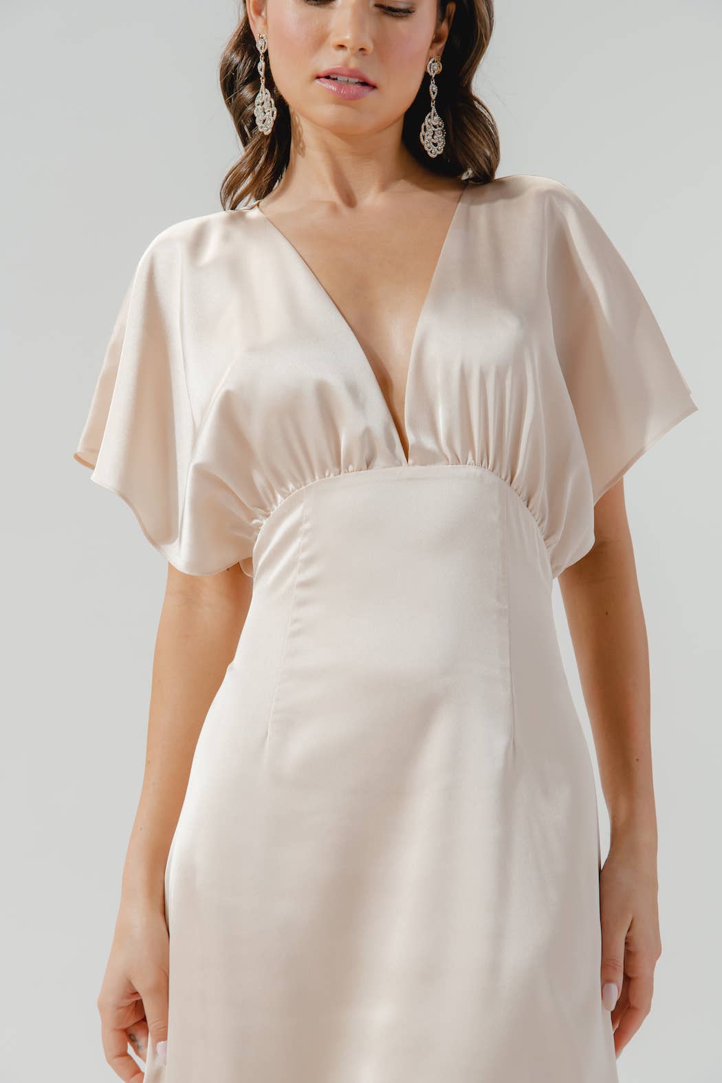 Darling Flutter Sleeve Cut Out Satin Maxi Dress: Champagne / L