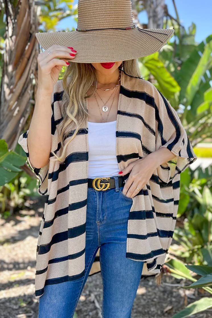 Beige Stripe Print Knitted Kimono Cardigan Cover Up