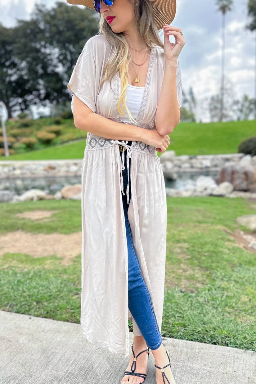 Ivory Lace Detail Maxi Dress Open Front Tie Kimono Cover Up