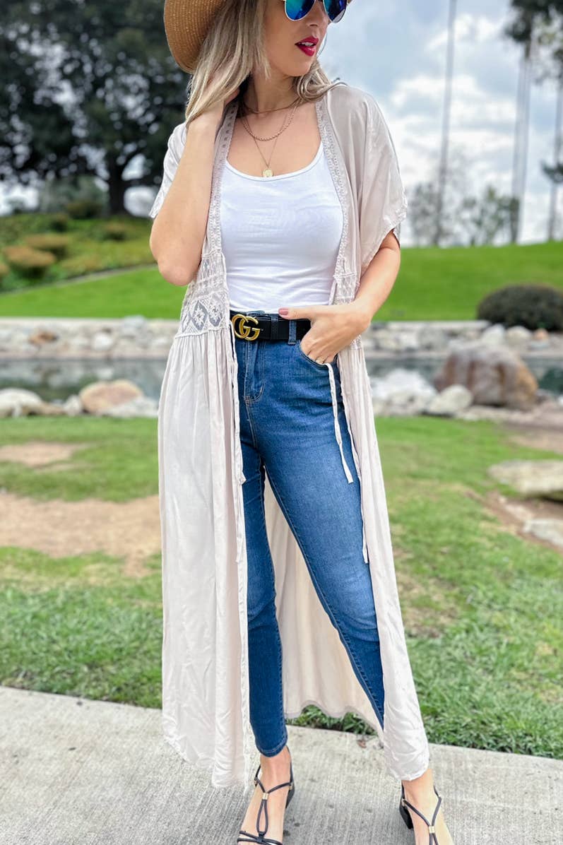 Ivory Lace Detail Maxi Dress Open Front Tie Kimono Cover Up