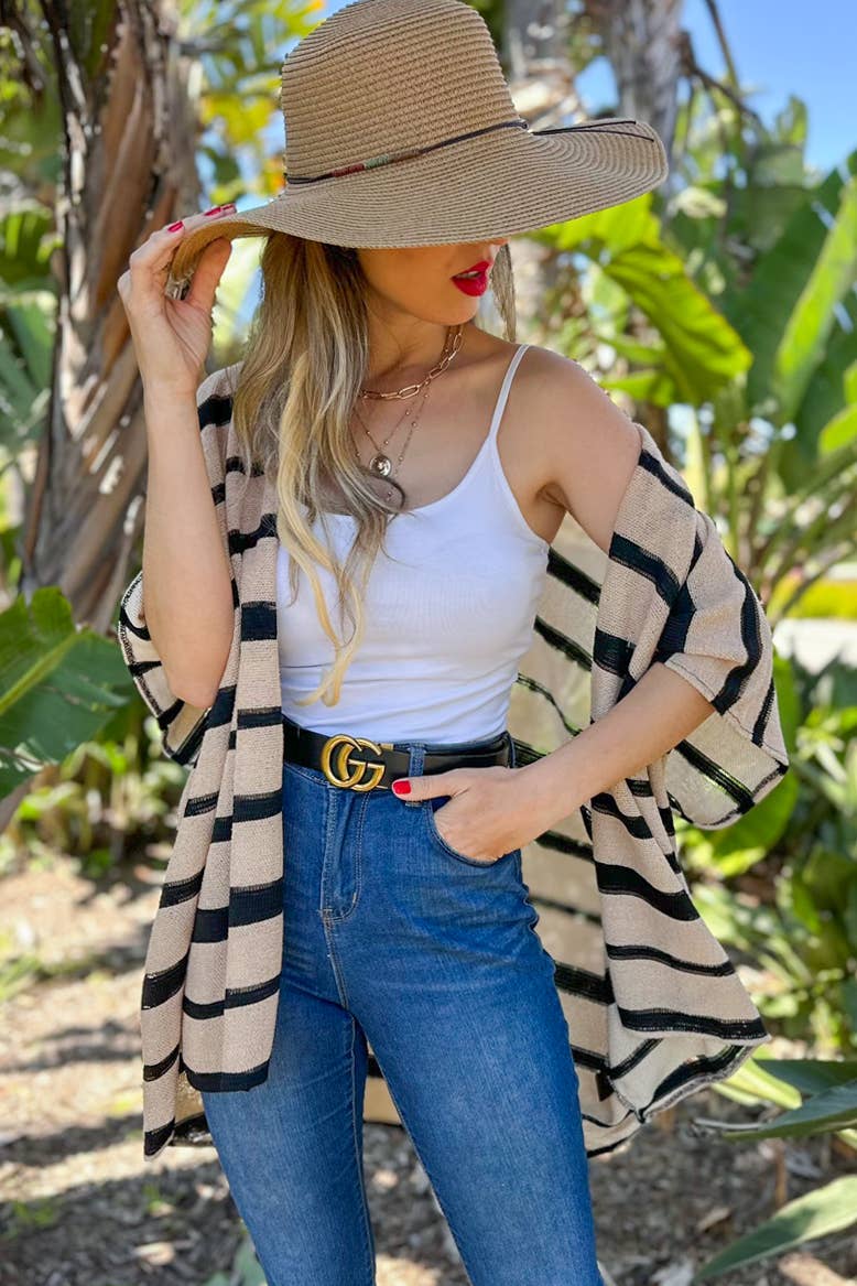 Beige Stripe Print Knitted Kimono Cardigan Cover Up