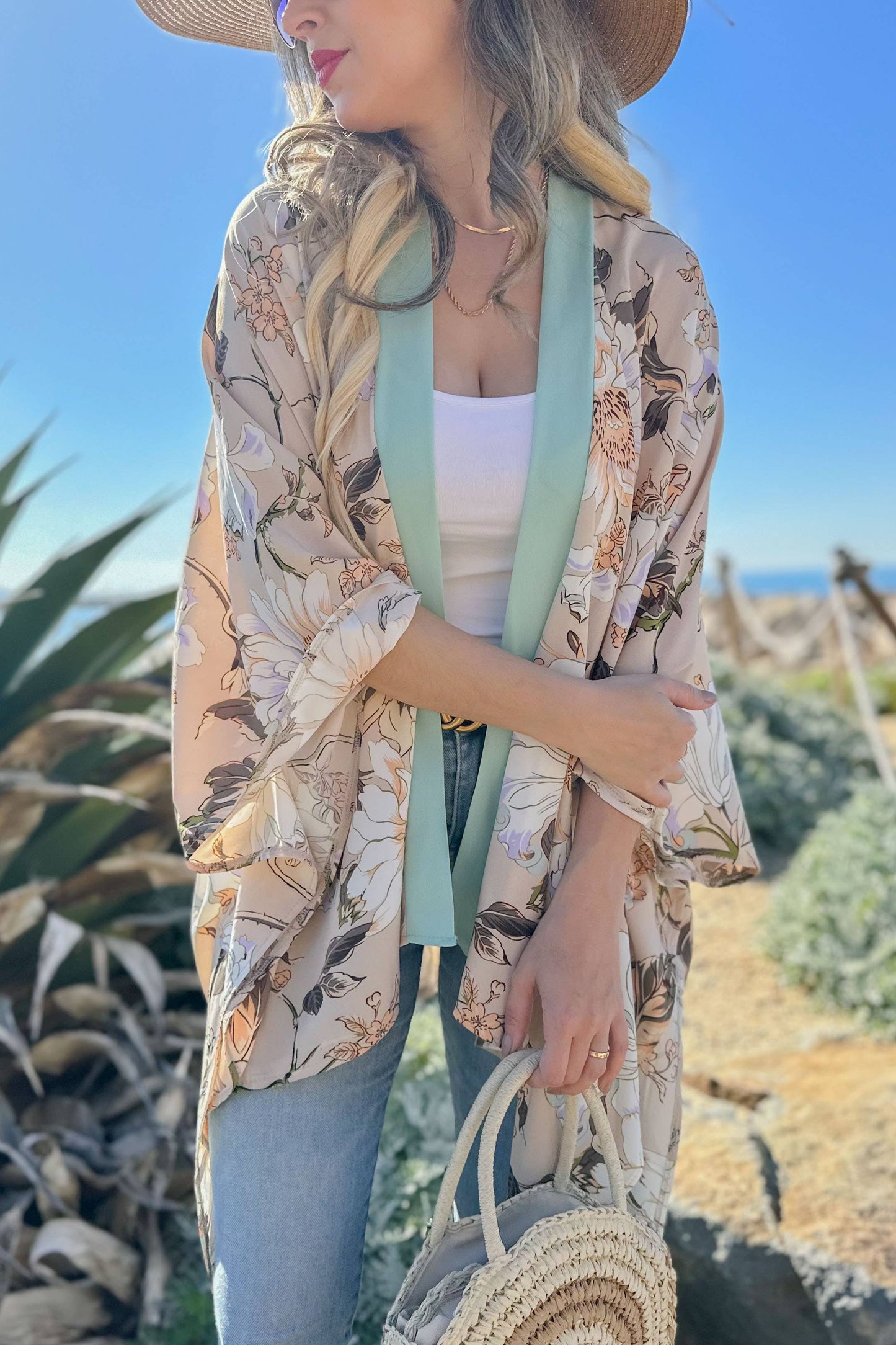 Nude Floral Printed Kimono Cardigan Cover UP