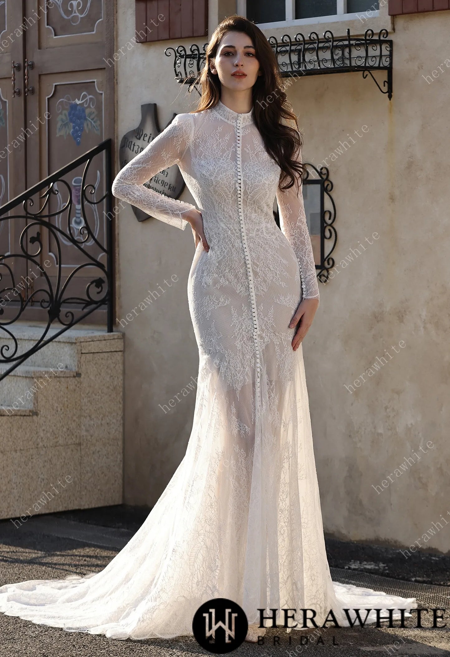 Embellished Mermaid Plunging Neckline Wedding Gown with Scallop Train HW3853