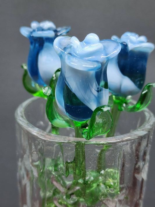 Medium Stem Light Blue Glass Rose - Blue and White Mixed