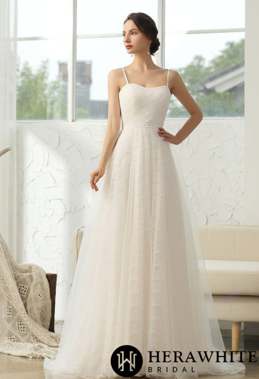 Simple Pleated A-line Wedding Dress With 3D Lace Underline