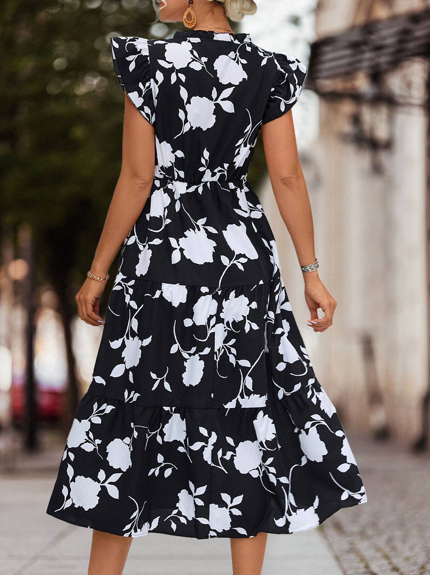 V-neck Printed Flying Sleeve Dress