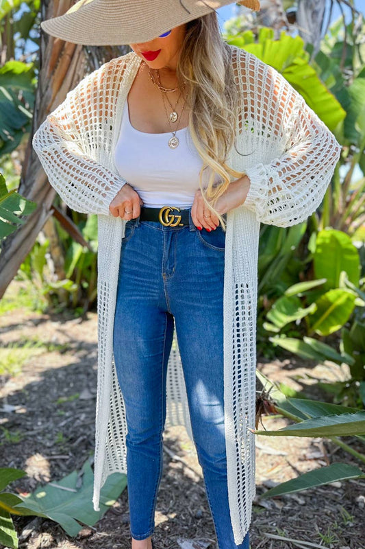 Ivory Crochet Knitted Long Sleeve Maxi Cardigan Cover Up