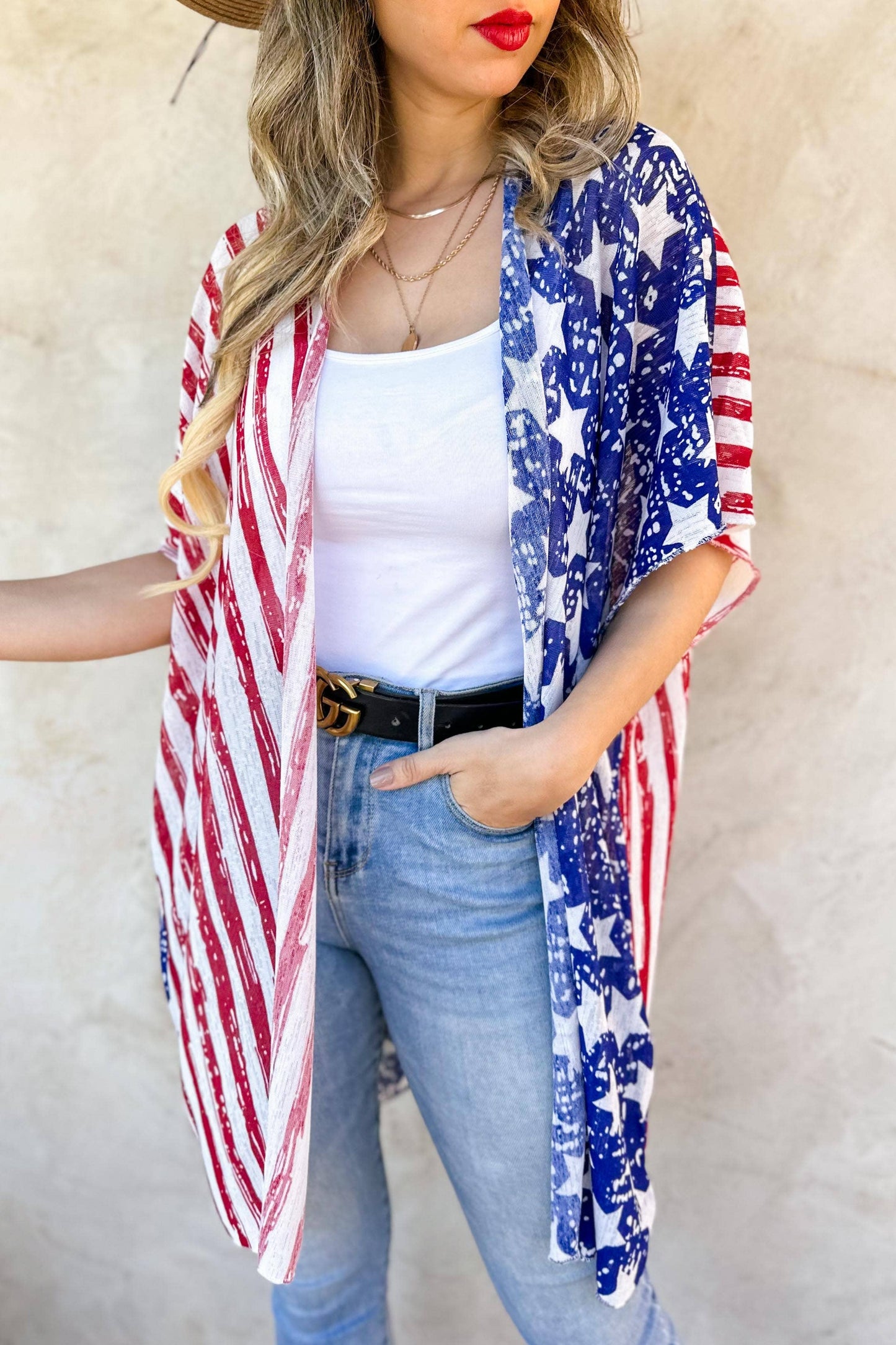 🌸4th Of July American Flag Printed Knitted Kimono Cardigan