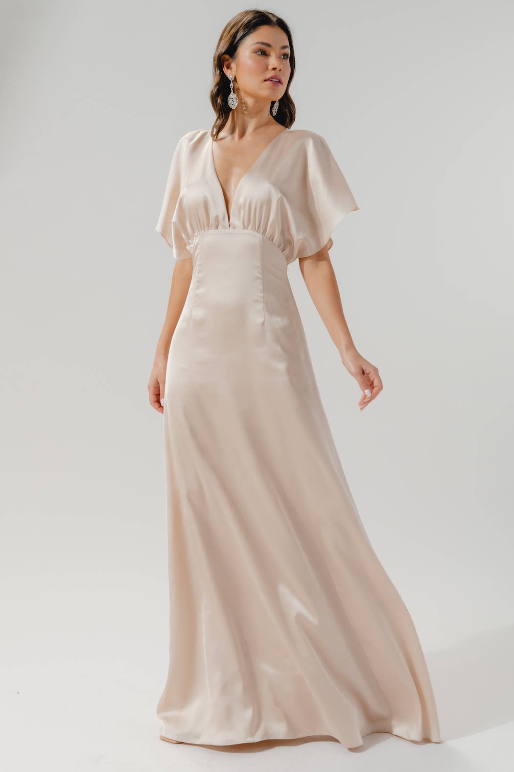 Darling Flutter Sleeve Cut Out Satin Maxi Dress: Champagne / L