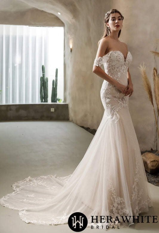 Off-the-shoulder Mermaid Wedding Dress in Glitter Tulle With Open Back