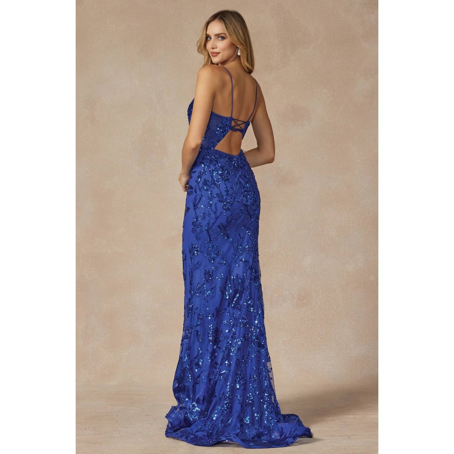 SEQUIN LACE EMBELLISHMENTS FITTED PROM GOWN