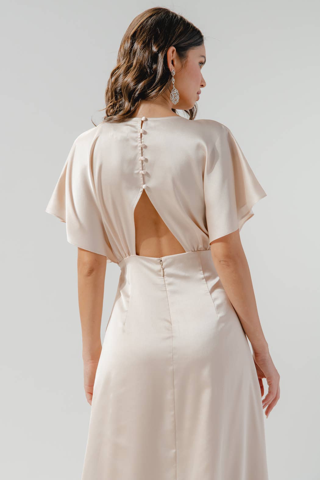 Darling Flutter Sleeve Cut Out Satin Maxi Dress: Champagne / L