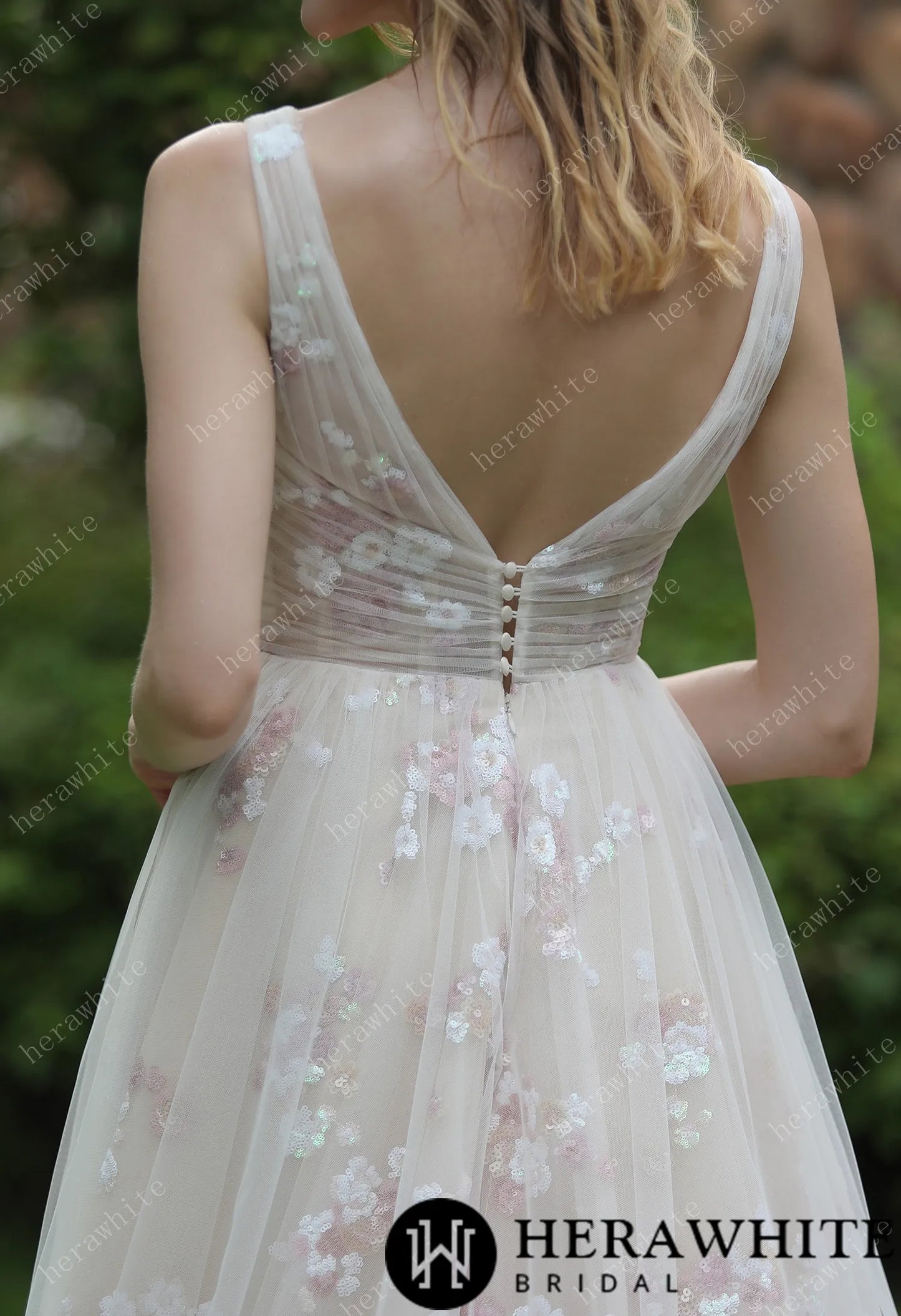 Whimsical Sequined Lace Tulle Wedding Dress With Gathered Bodice