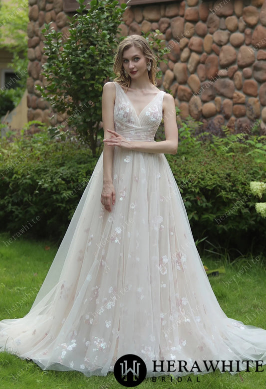 Whimsical Sequined Lace Tulle Wedding Dress With Gathered Bodice