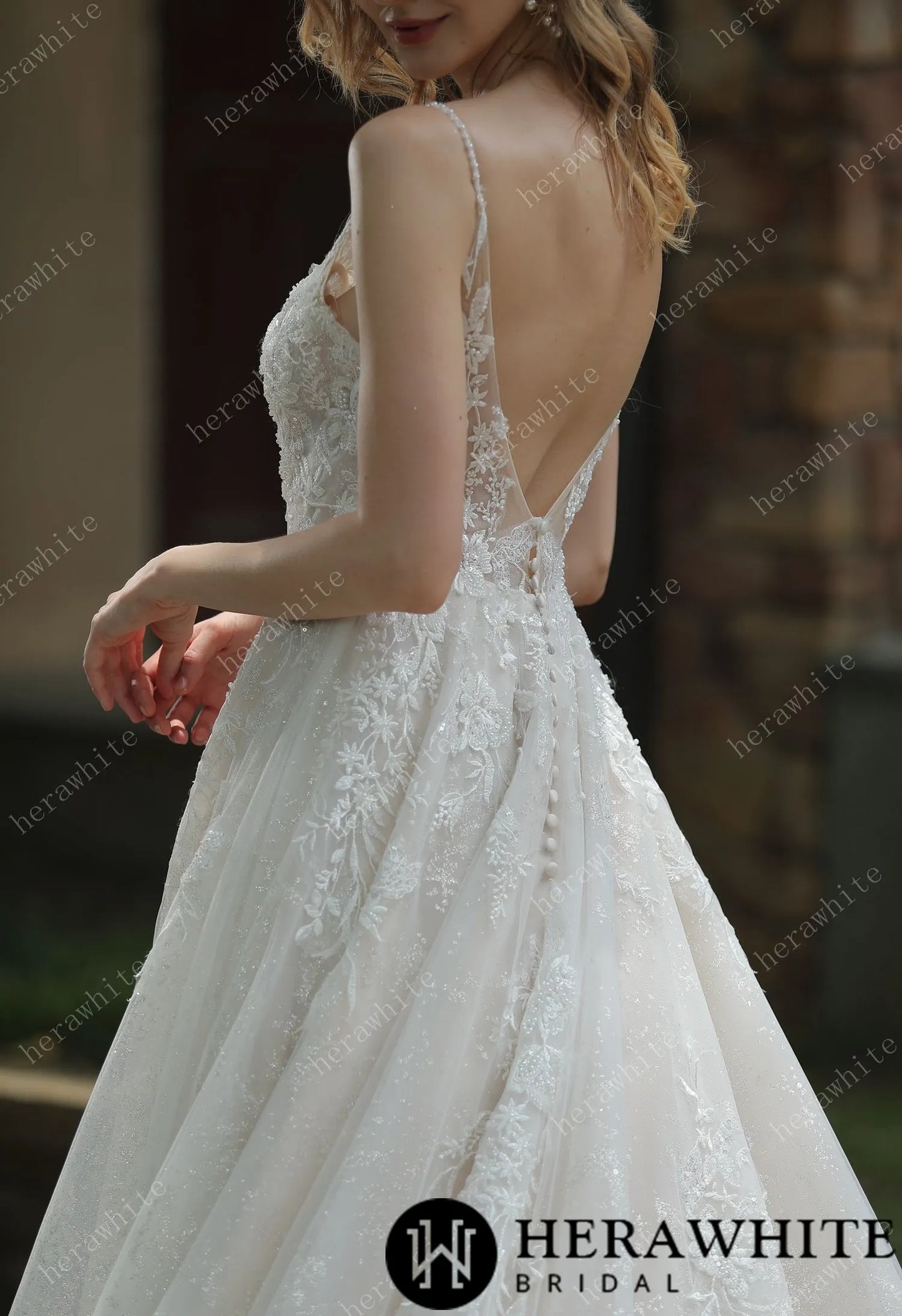 Sparkly A-Line Wedding Dress With Beaded Spaghetti Straps