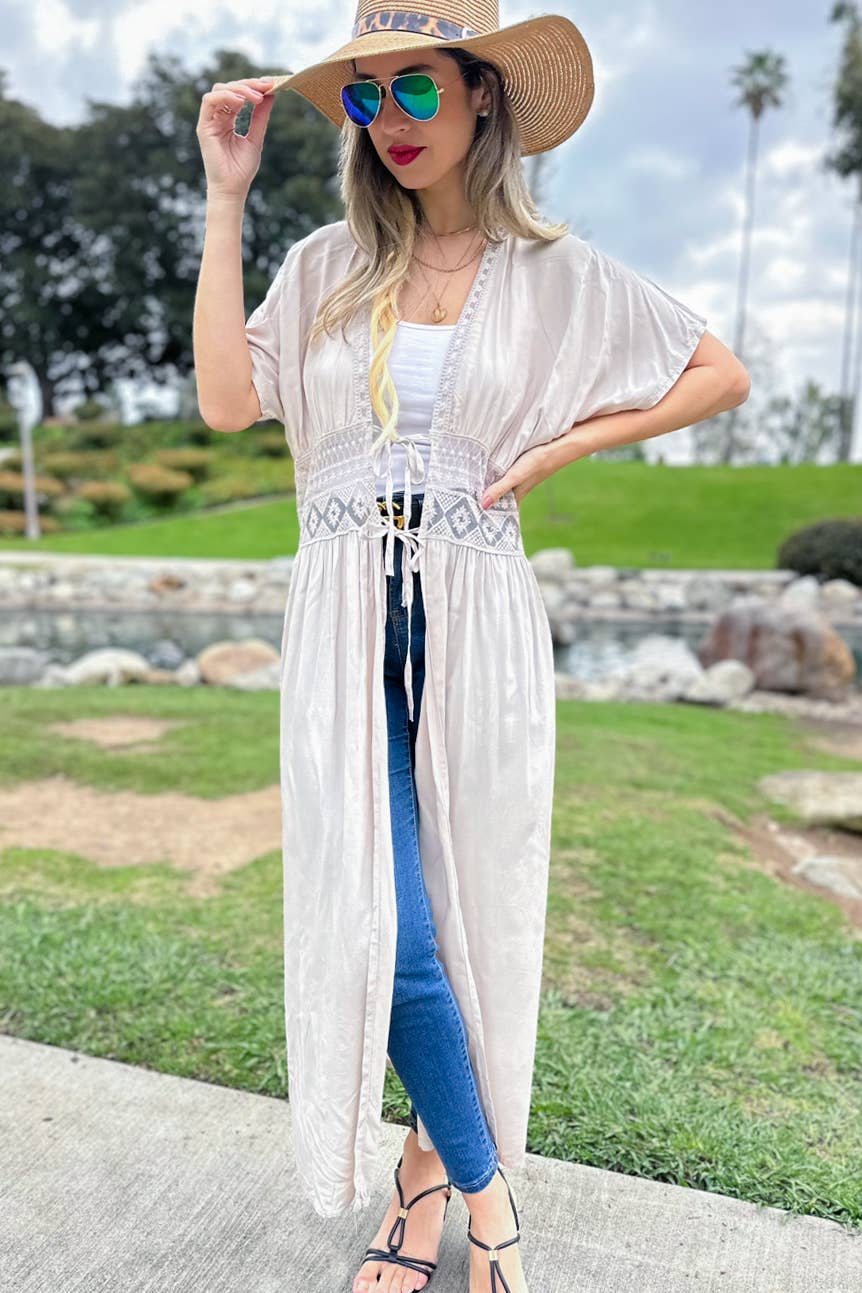 Ivory Lace Detail Maxi Dress Open Front Tie Kimono Cover Up