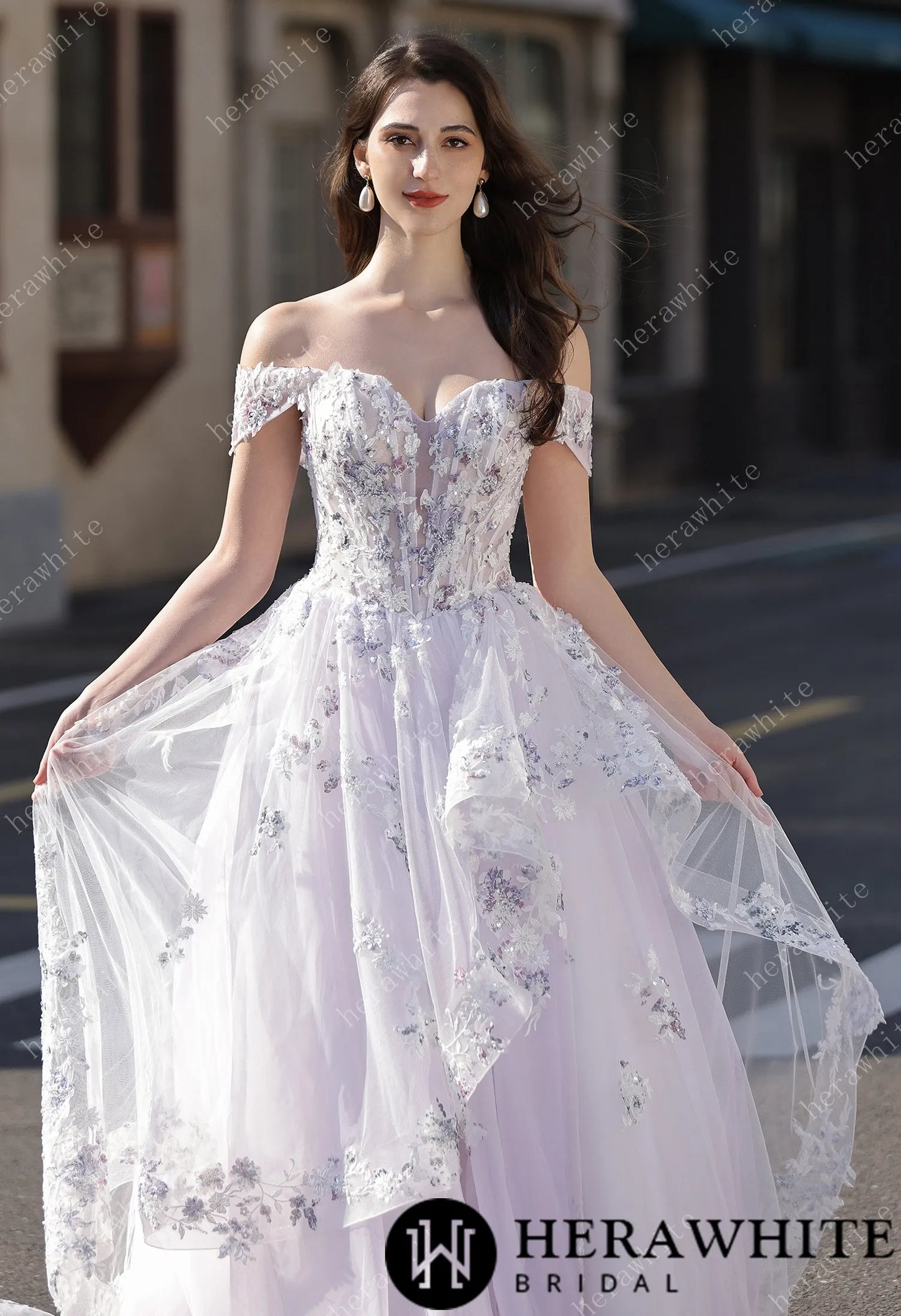 Floral Sheer-Bodice Bridal Gown with Asymmetric Ruffled Skirt HW3856