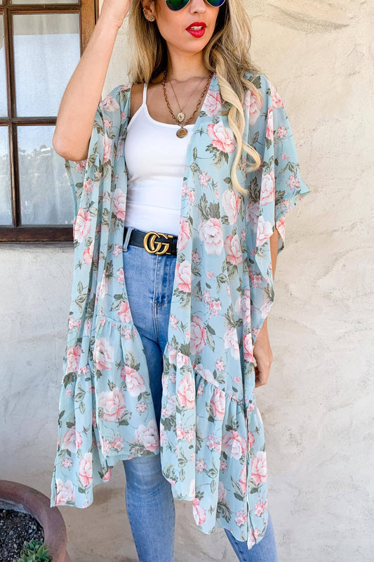 Mint Floral Printed Ruffle Bottom Chiffon Kimono Cover Up