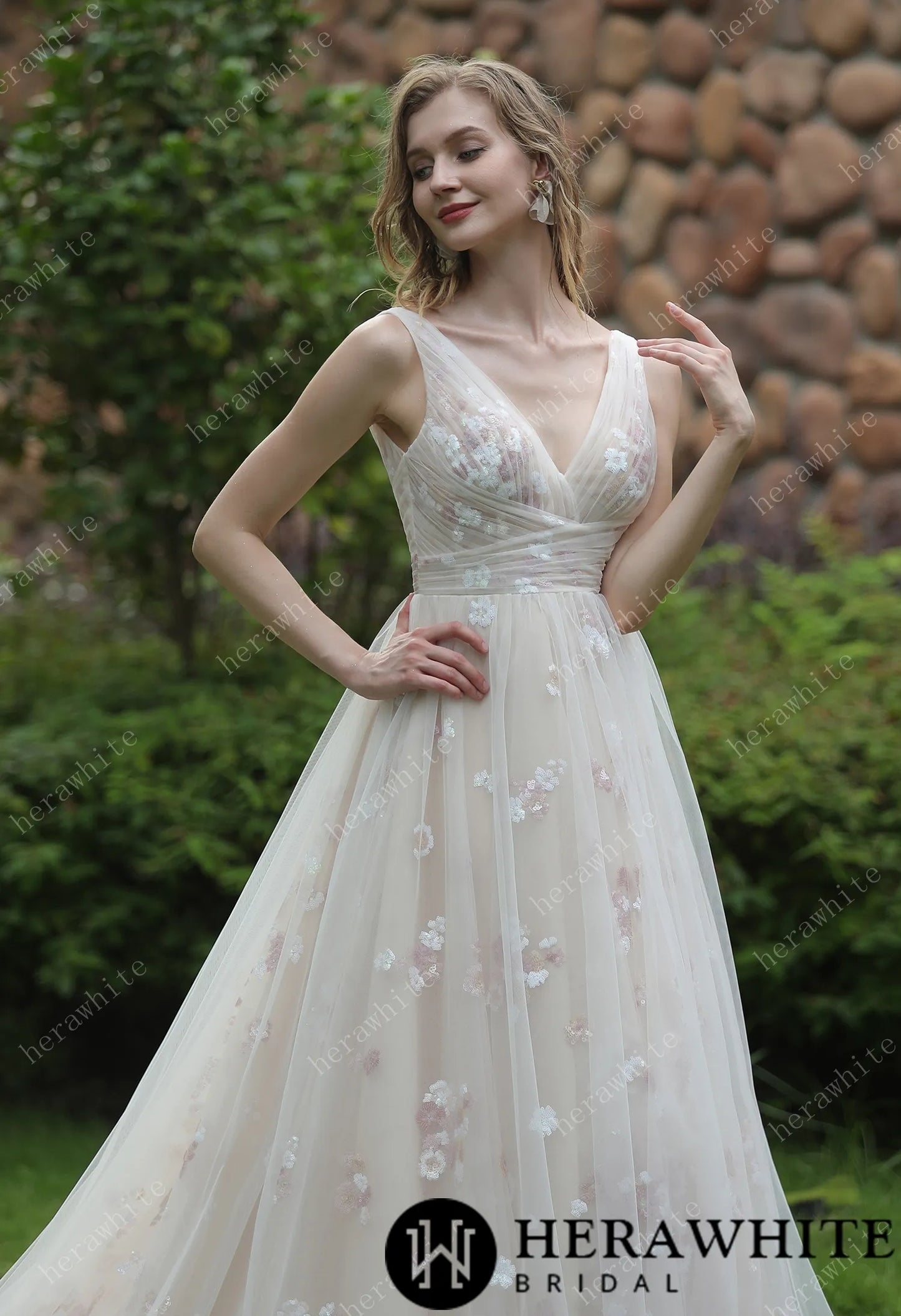 Whimsical Sequined Lace Tulle Wedding Dress With Gathered Bodice