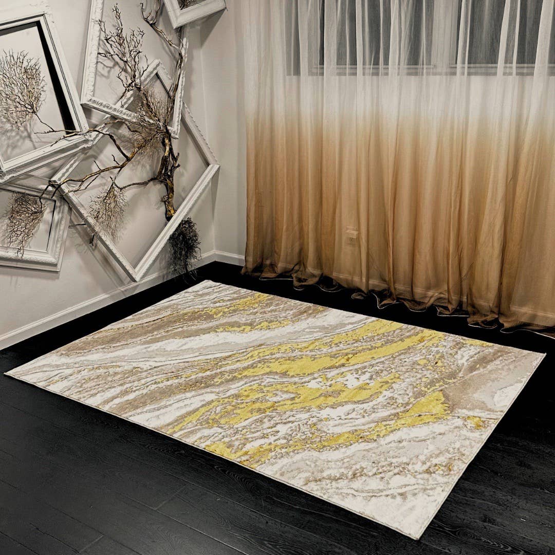 Adina Luxury Abstract Design Area Rug in Beige and Gold