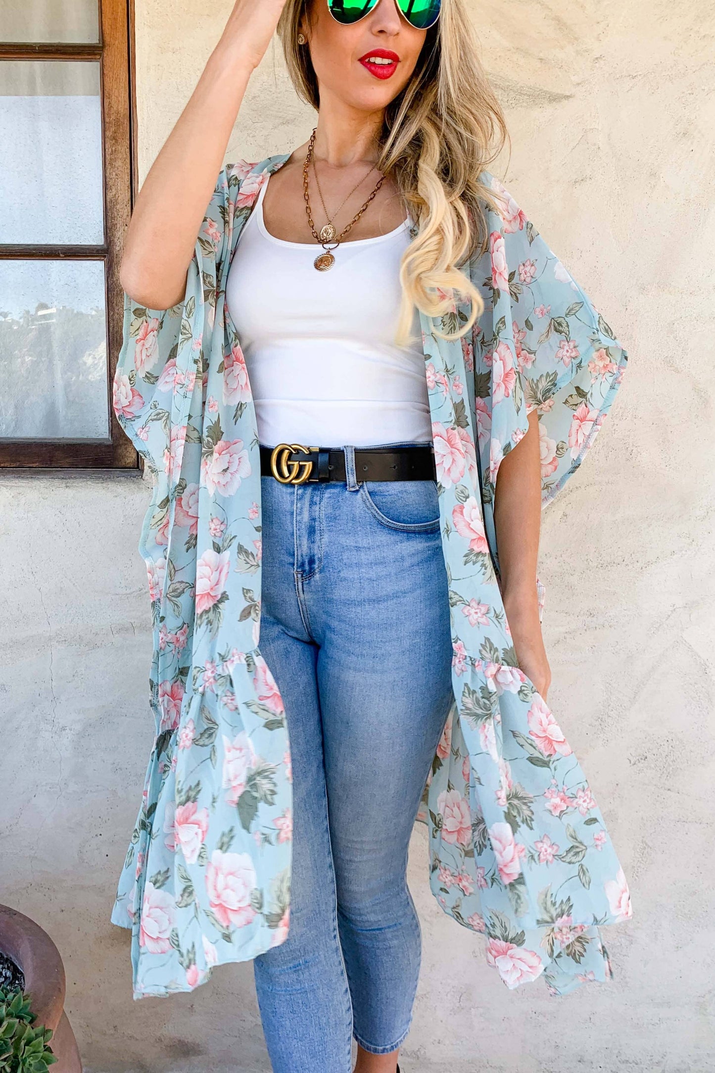 Mint Floral Printed Ruffle Bottom Chiffon Kimono Cover Up