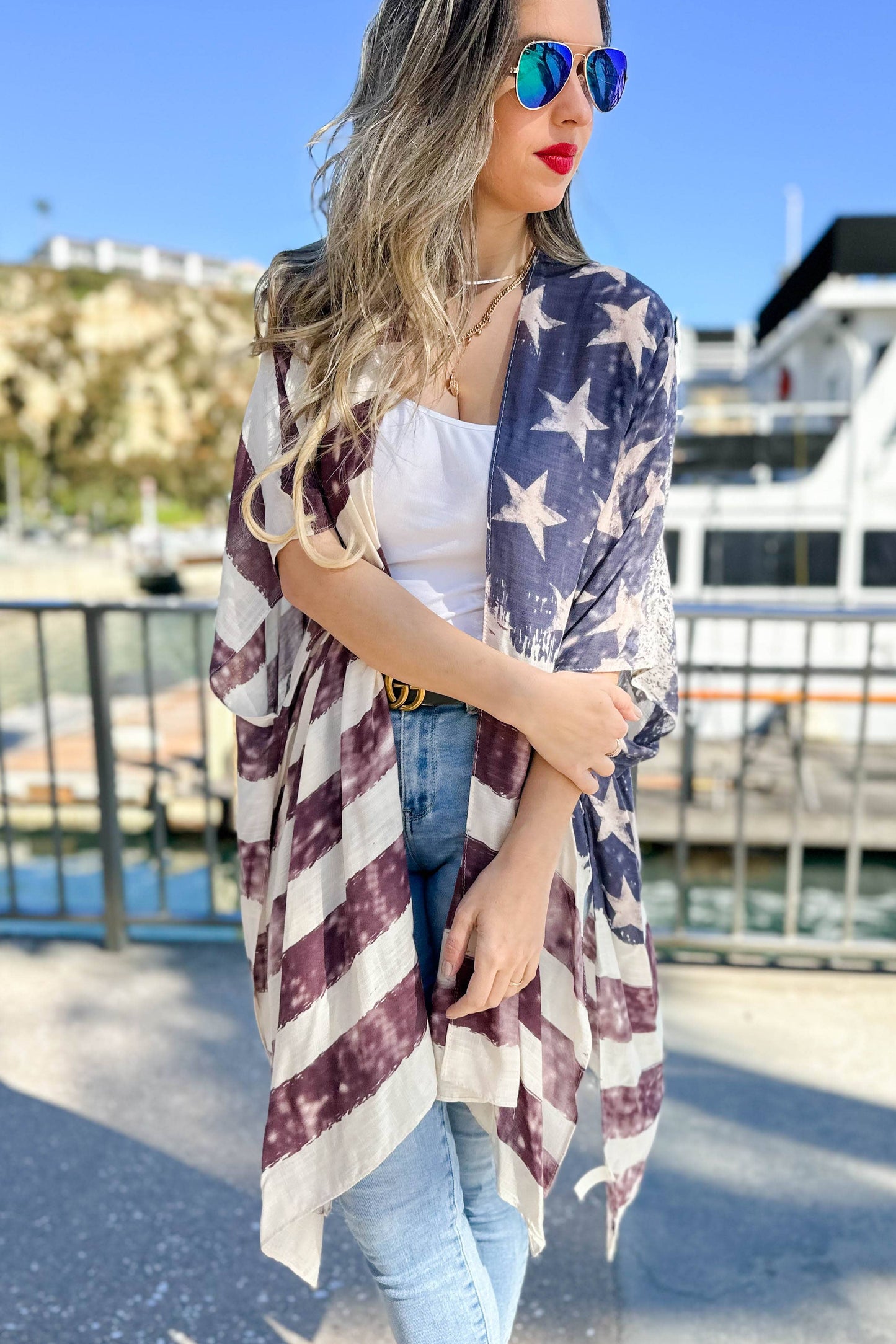 4th of July Vintage American Flag Printed Kimono Cover Up