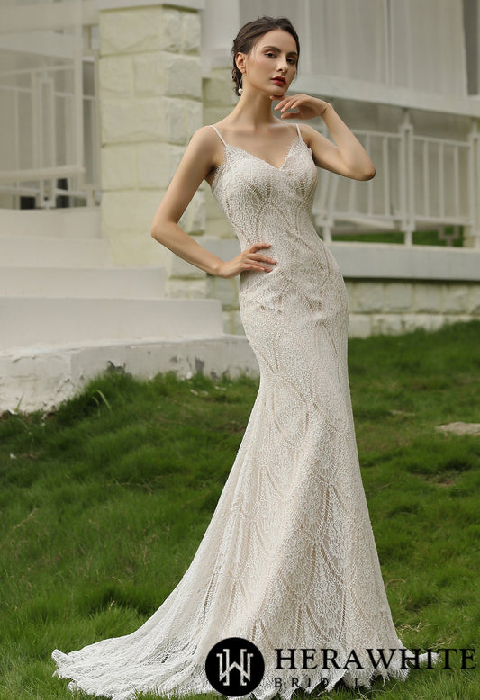 Spaghetti Straps Lace Sheath Wedding Gown