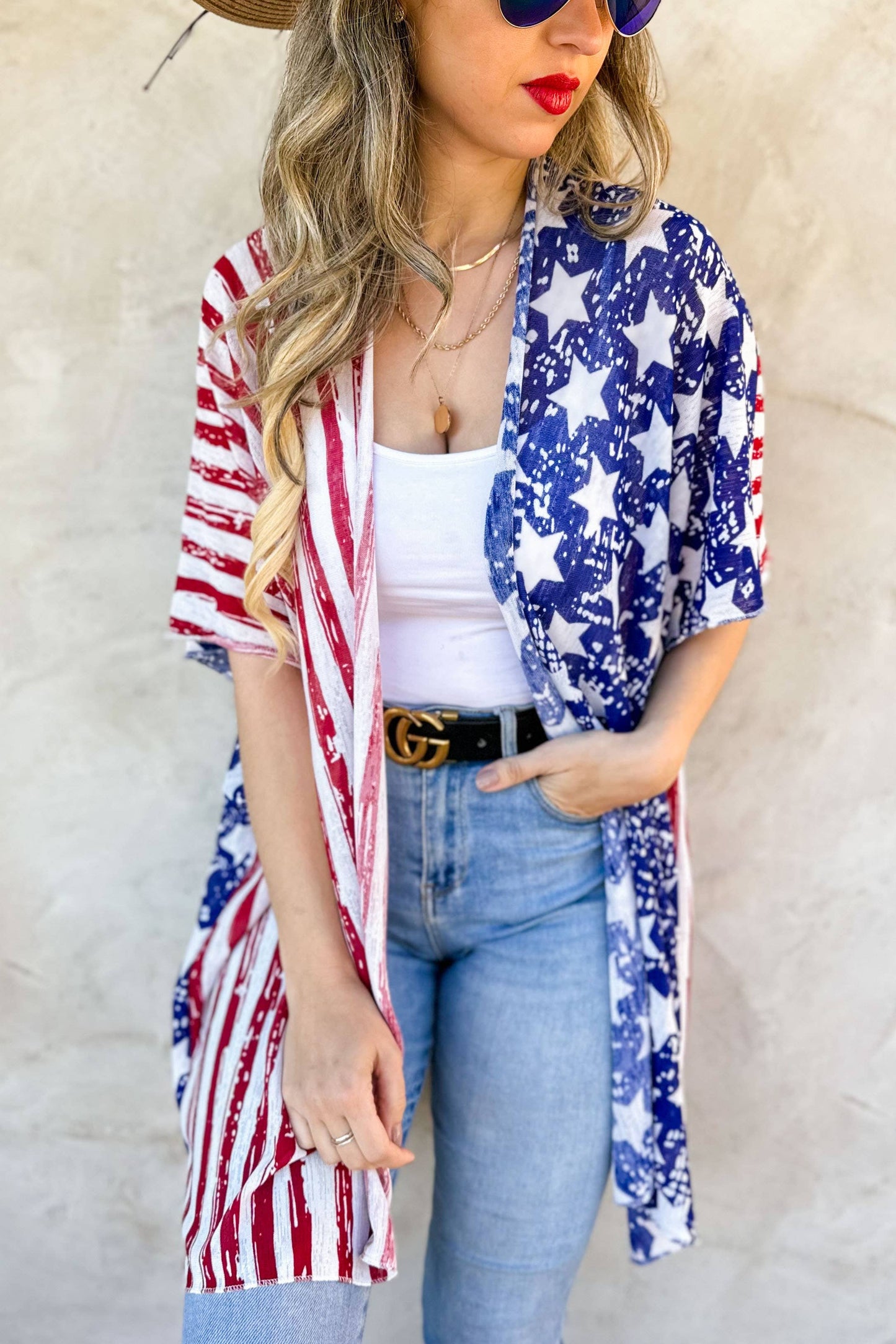 🌸4th Of July American Flag Printed Knitted Kimono Cardigan