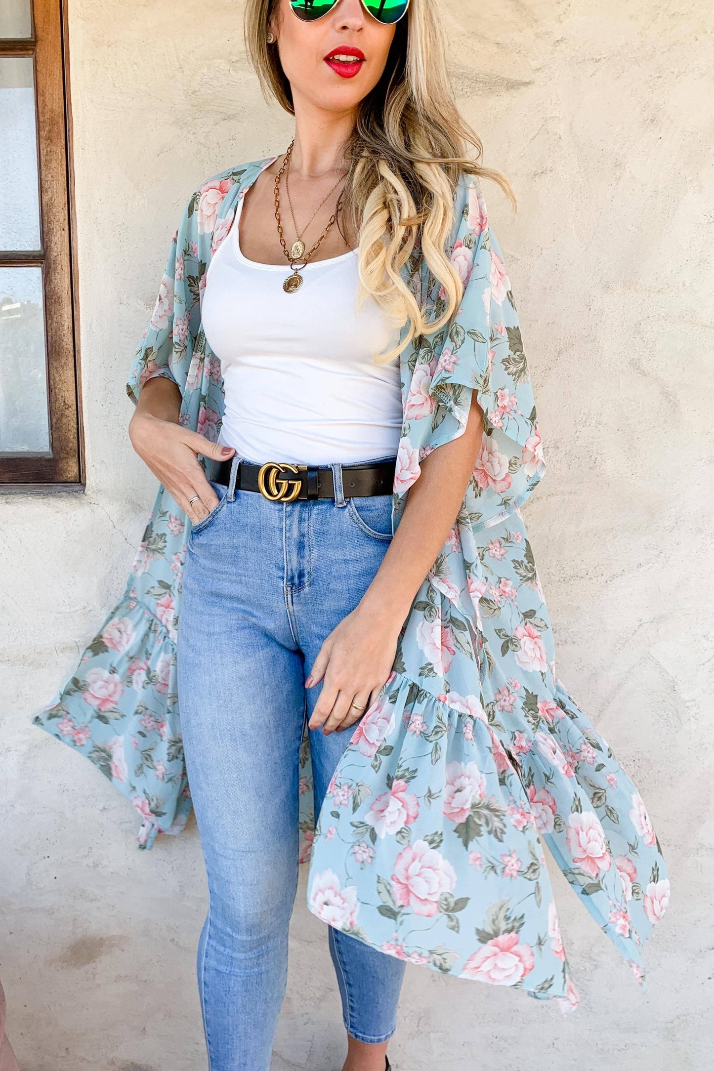 Mint Floral Printed Ruffle Bottom Chiffon Kimono Cover Up