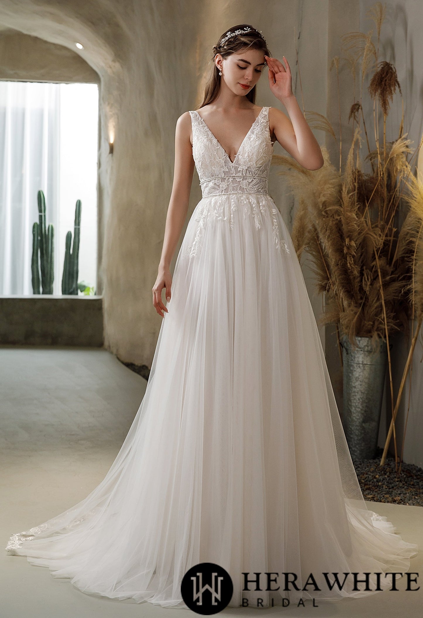 V-neck Tulle Bridal Gown with Double Banded Waist