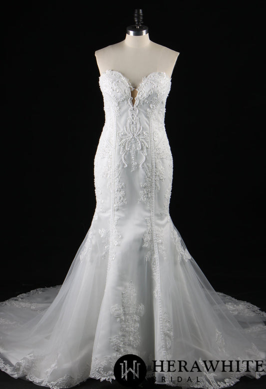 Strapless V-Neck Beaded Lace Mermaid Dress With Chaple Train