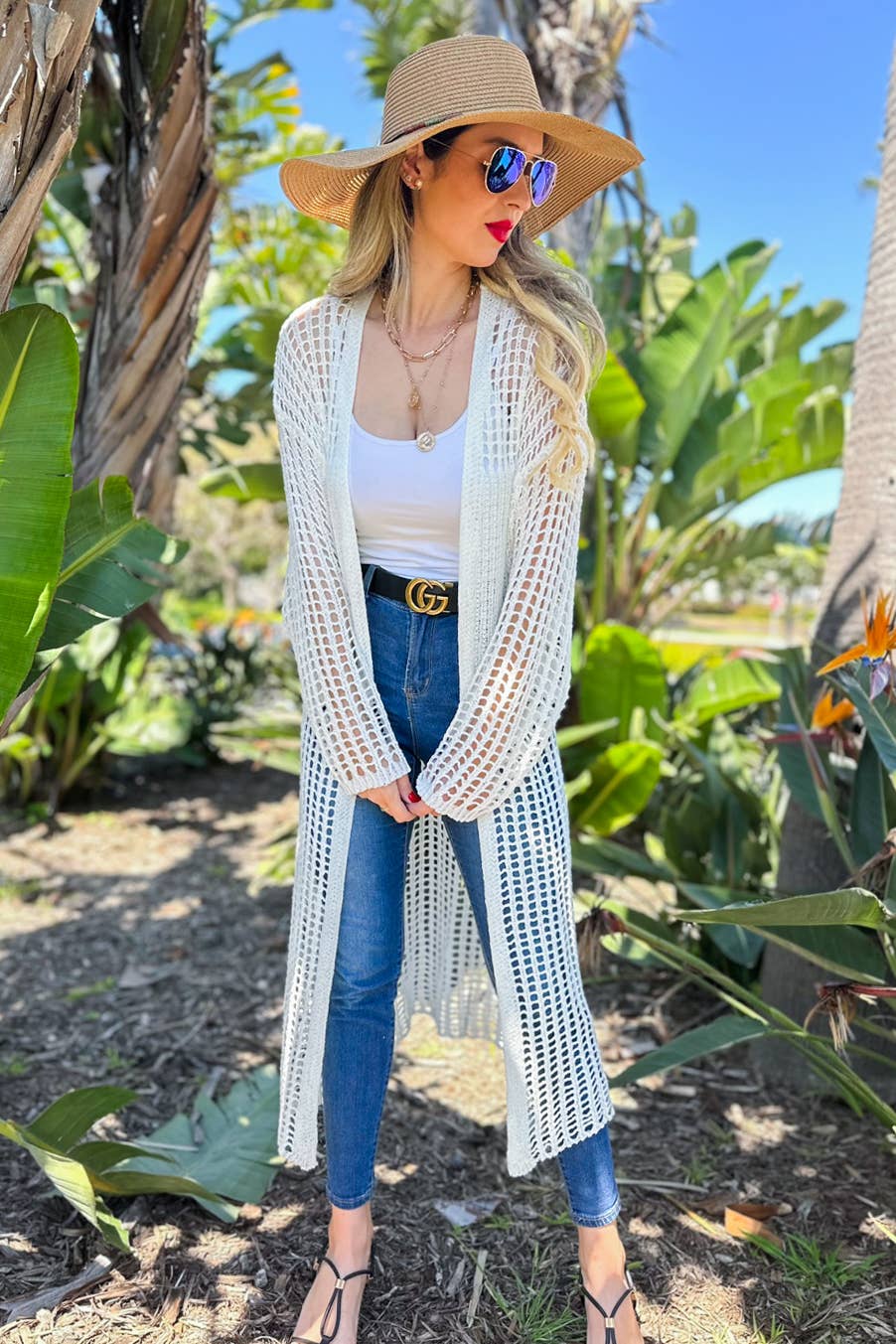 Ivory Crochet Knitted Long Sleeve Maxi Cardigan Cover Up