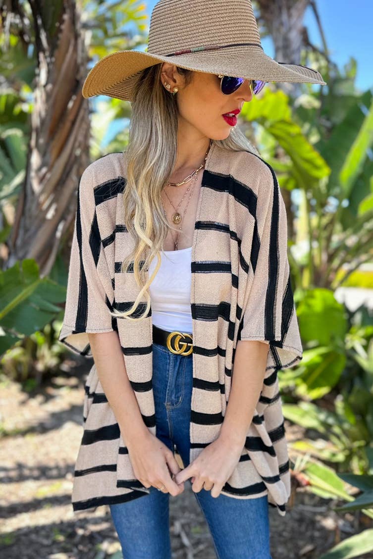 Beige Stripe Print Knitted Kimono Cardigan Cover Up
