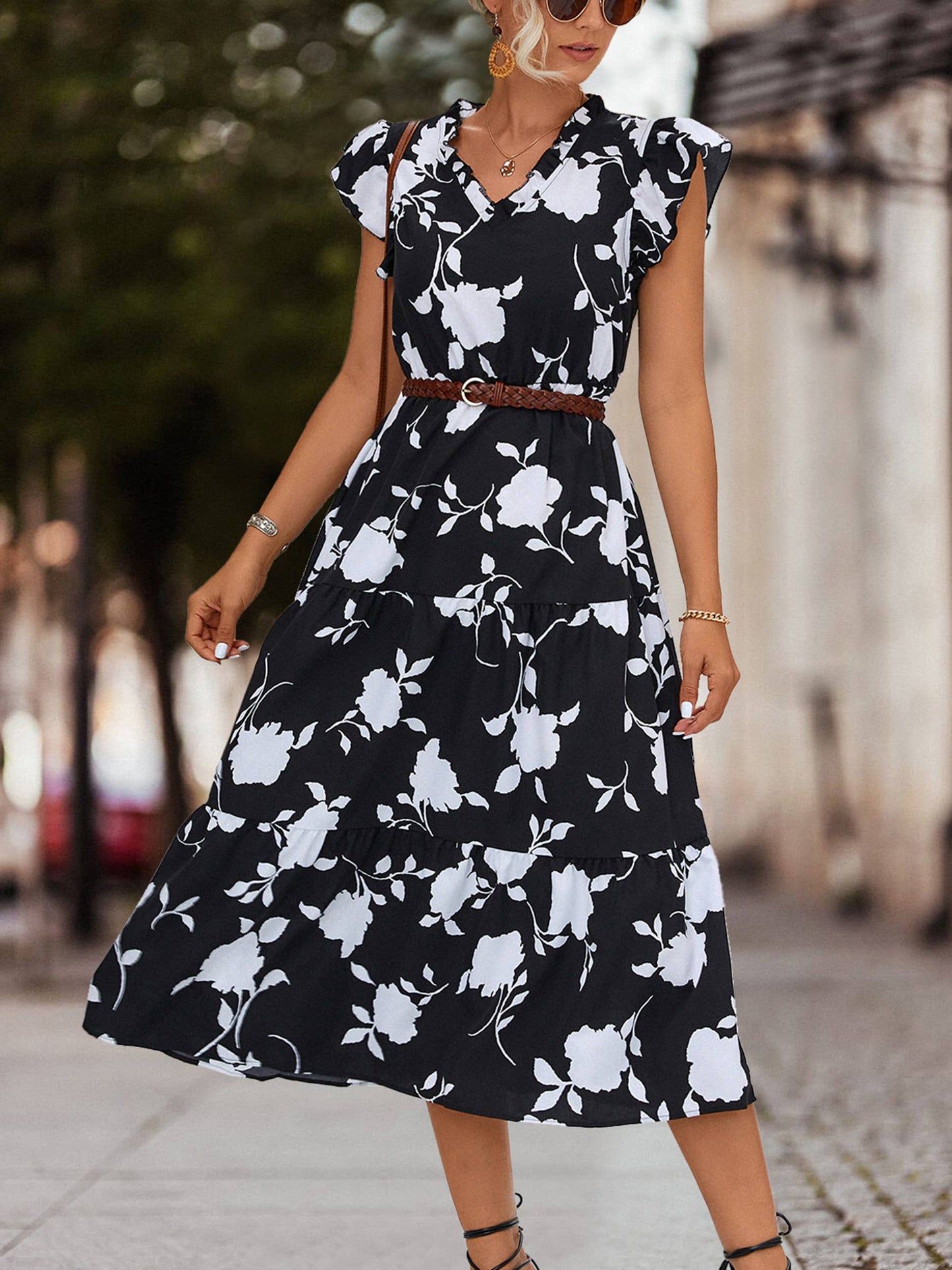V-neck Printed Flying Sleeve Dress