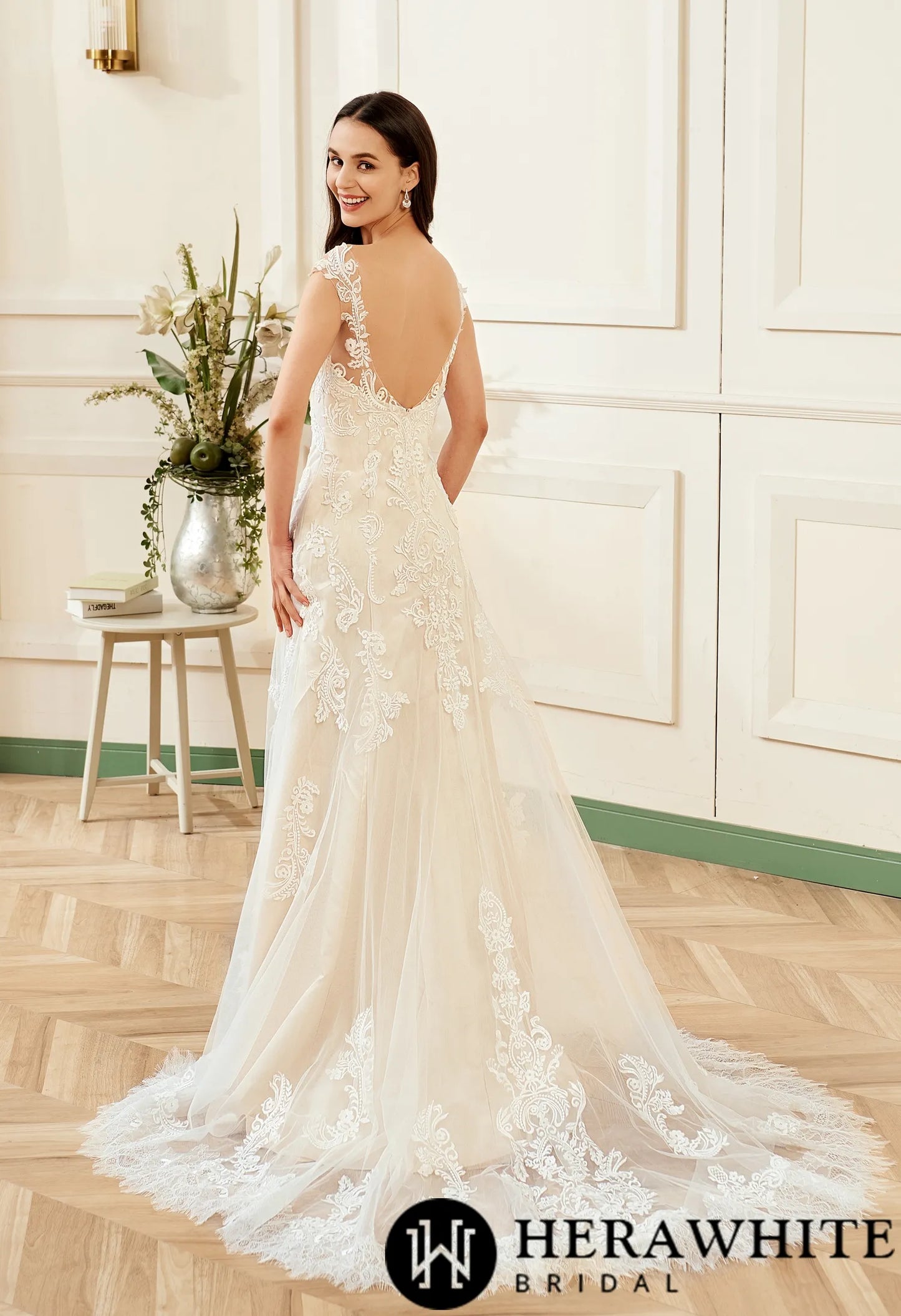 Stunning Illusion Lace Bateau Neckline With Cap Sleeve Wedding Gown