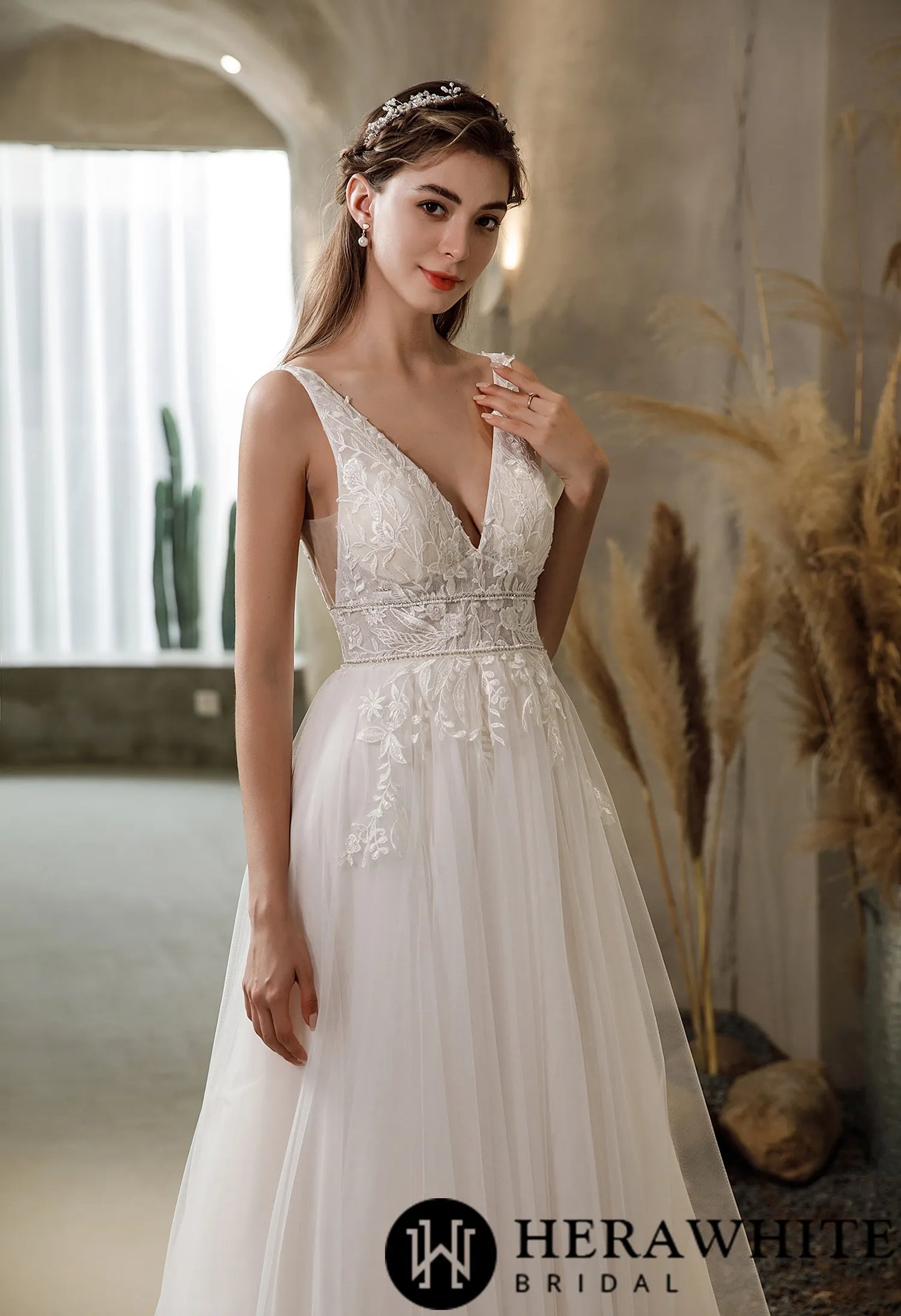 V-neck Tulle Bridal Gown with Double Banded Waist