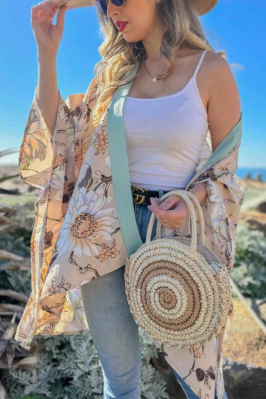 Nude Floral Printed Kimono Cardigan Cover UP