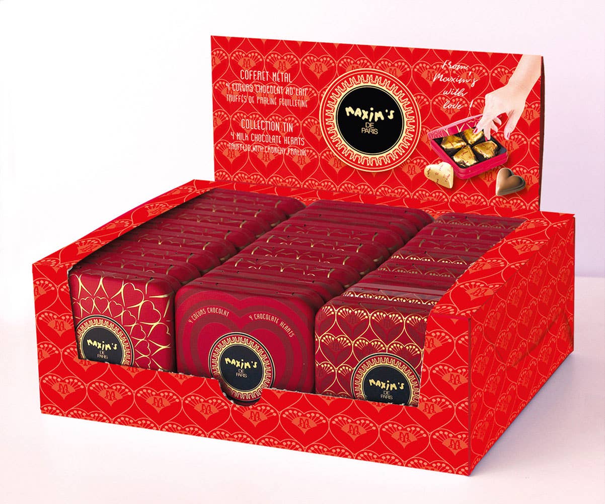 Display 24 metal boxes with 4 chocolate hearts