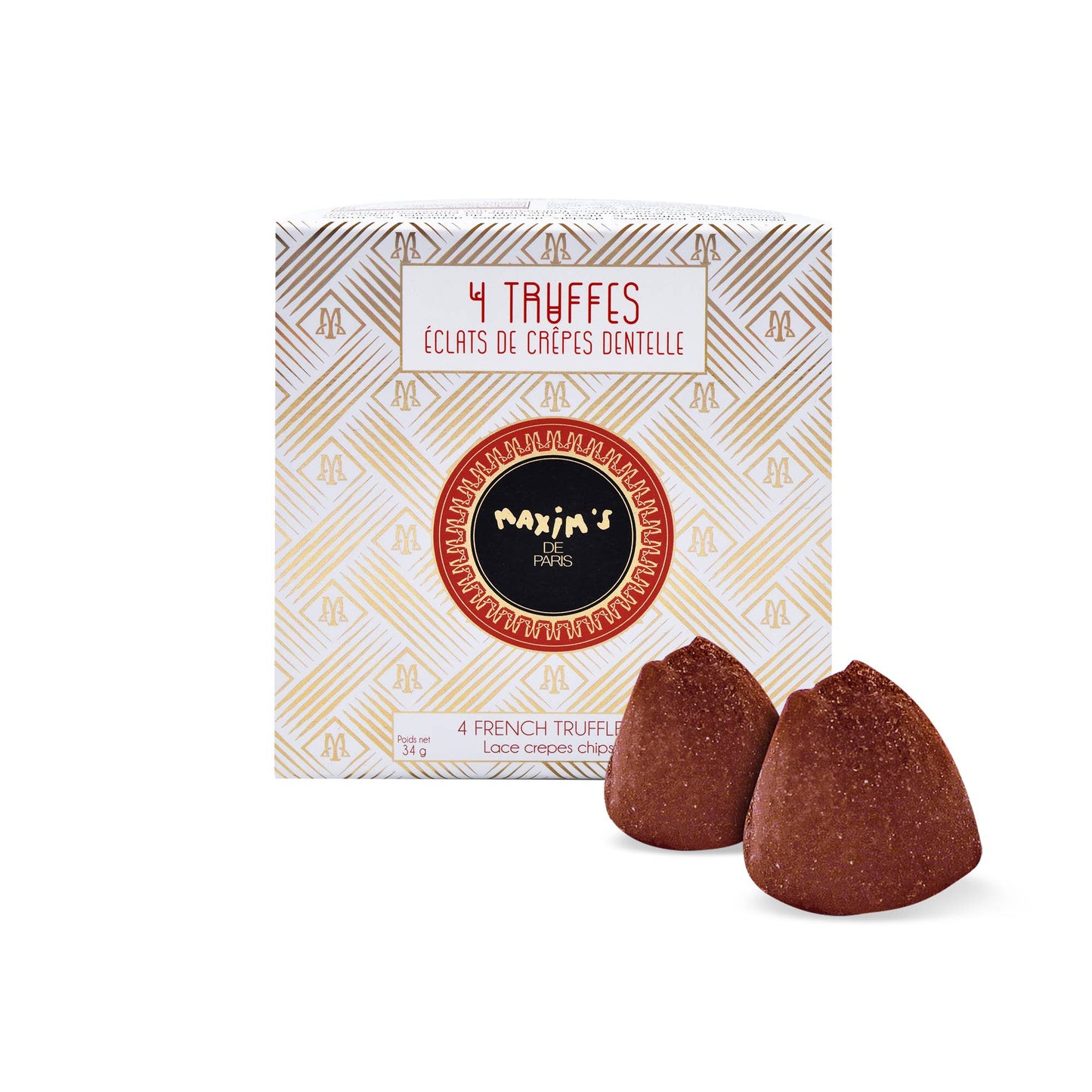 Box of 4 truffles with lace pancake chips