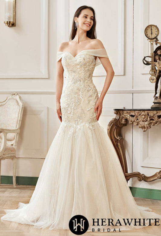 Off-the-Shoulder Mermaid Chapel Train Sequined Tulle Wedding Dress