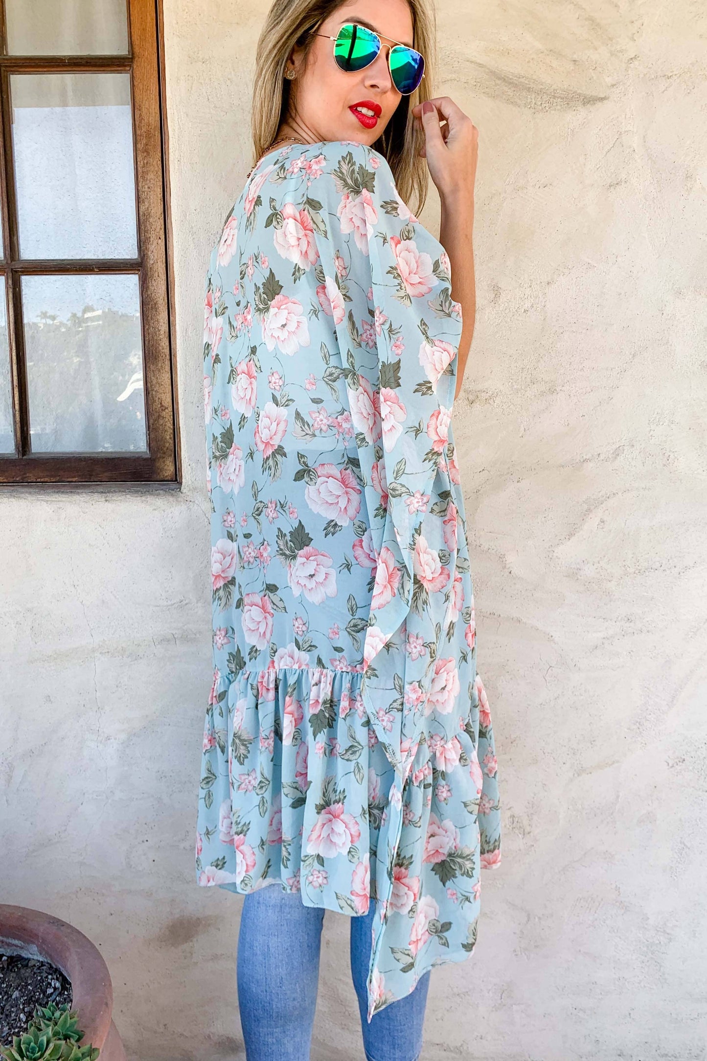 Mint Floral Printed Ruffle Bottom Chiffon Kimono Cover Up