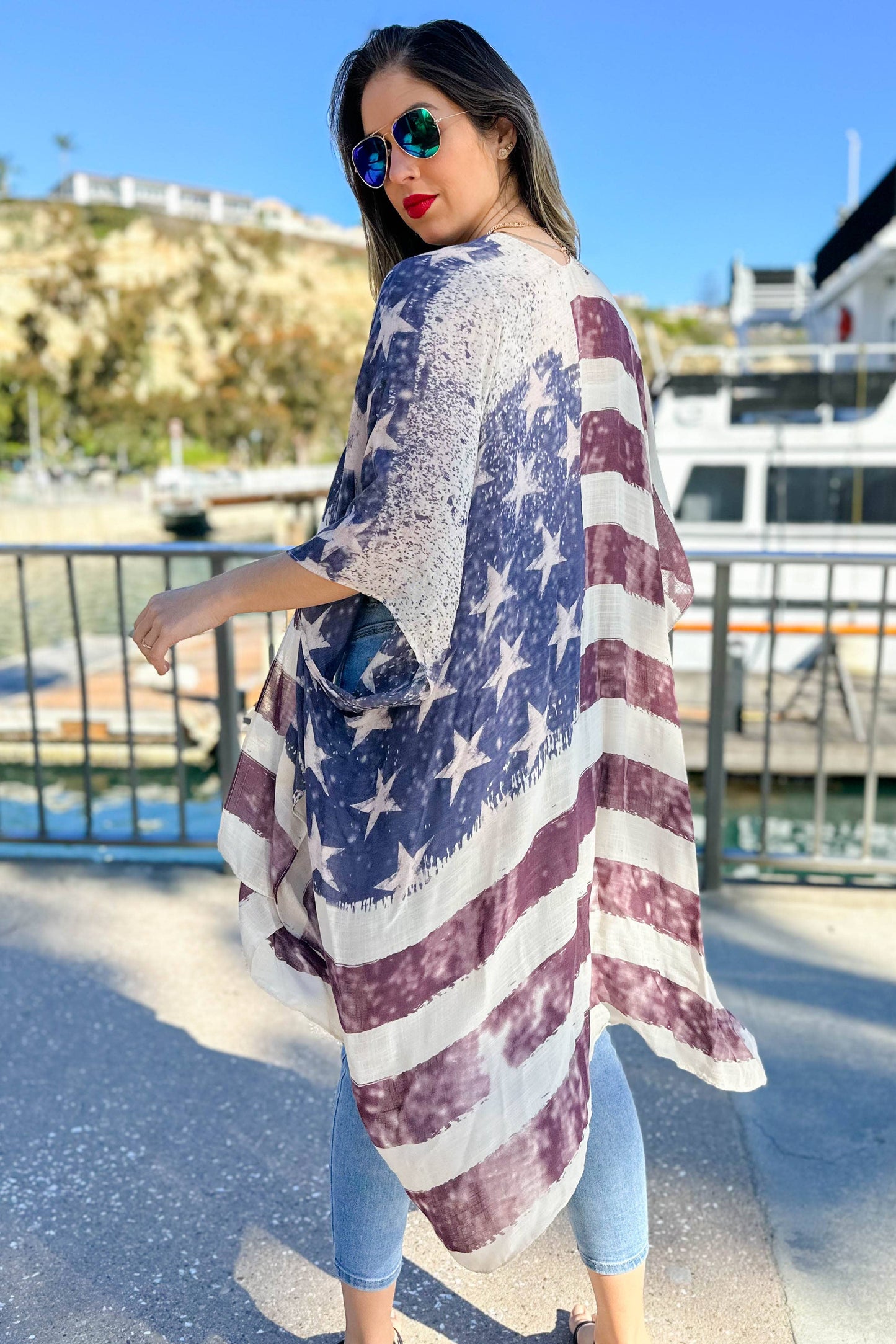 4th of July Vintage American Flag Printed Kimono Cover Up