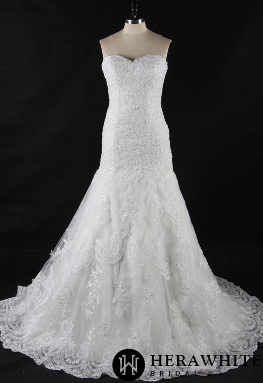 Strapless Sweetheart Lace Fit And Flare Wedding Dress With Sweep Train