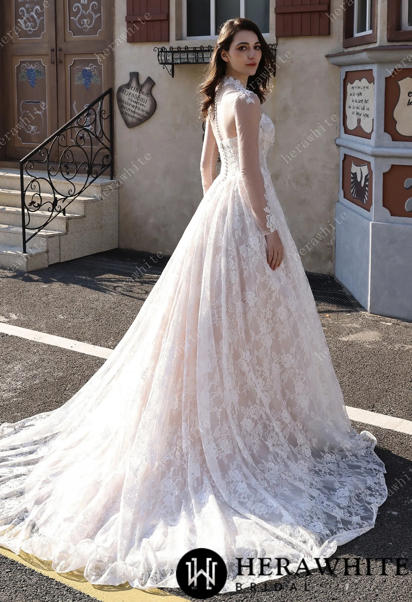 Ethereal Cat Eye Neckline Lace Ballgown Wedding With 3-D Flower Accents HW3817
