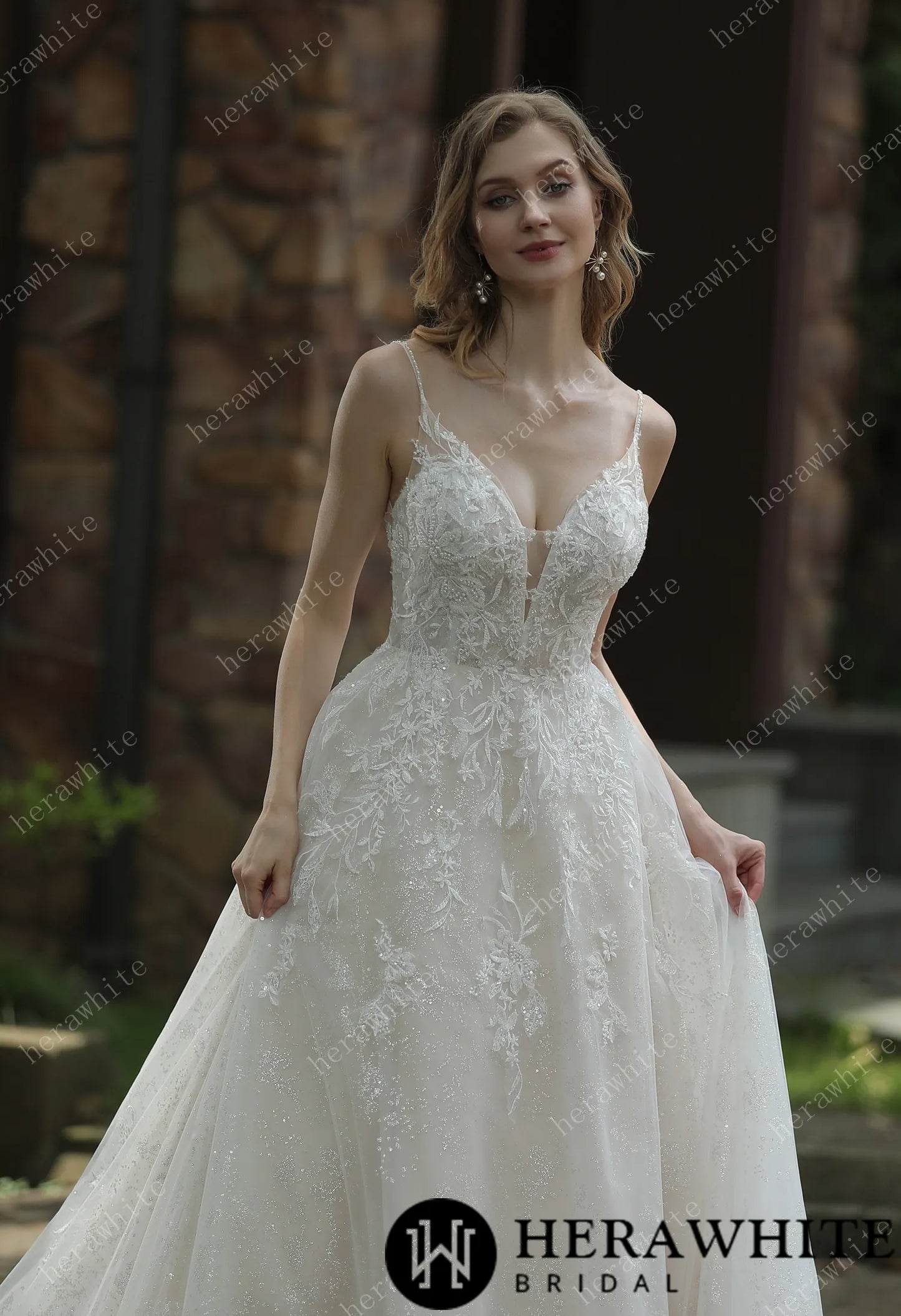 Sparkly A-Line Wedding Dress With Beaded Spaghetti Straps